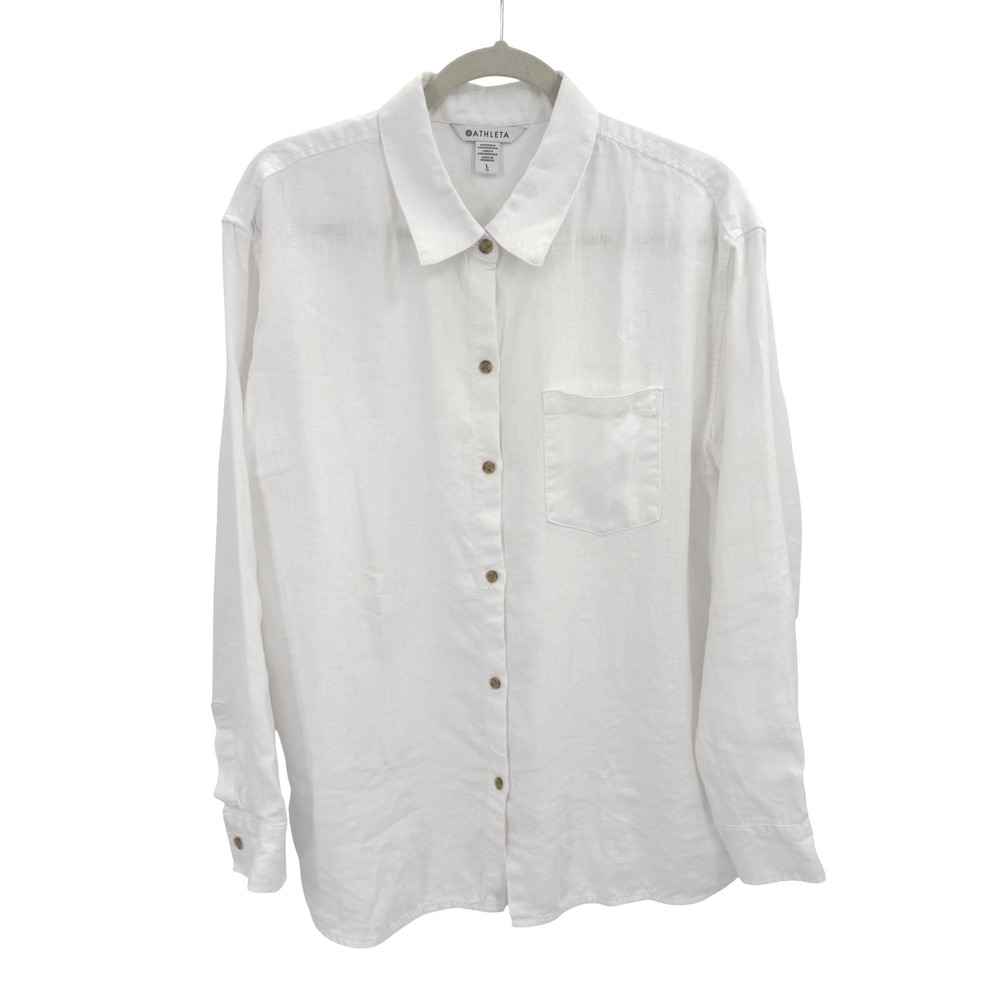 Athleta Womens White 100% Linen Button Down Shirt Large Pocket Relaxed